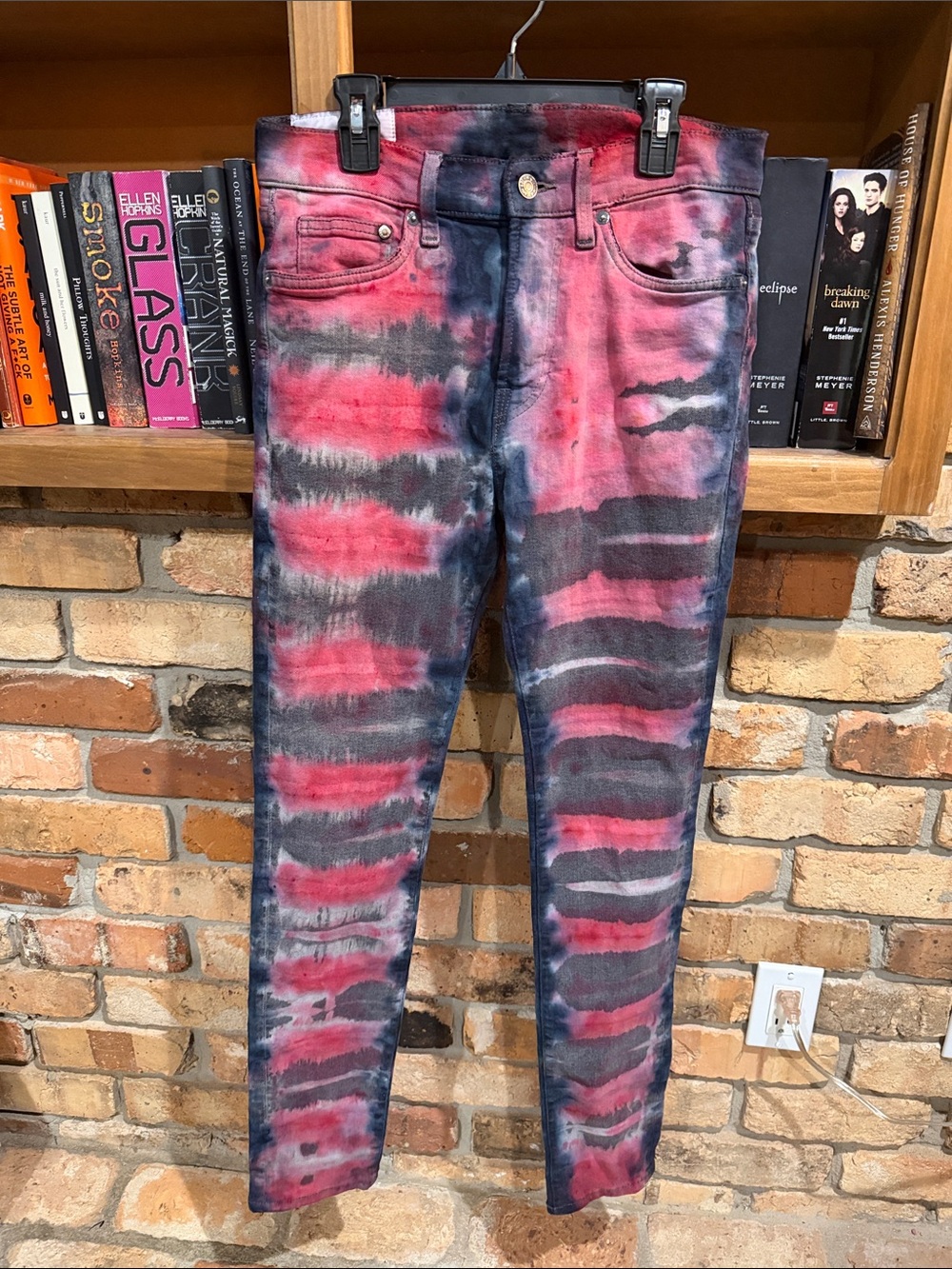 Hand dyed Men’s 30/32 Red and Black Tie-Dye Jeans - Trendy Slim Fit